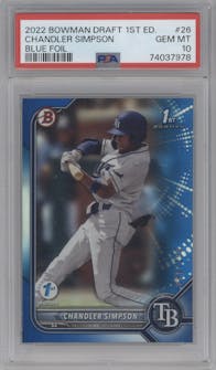 Chandler Simpson from the 2022 Bowman Draft 1st Edition set featuring a Blue Foil parallel graded by PSA and given an overall grade of 10.