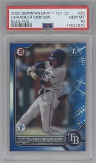 Chandler Simpson from the 2022 Bowman Draft 1st Edition set featuring a Blue Foil parallel graded by PSA and given an overall grade of 10.
