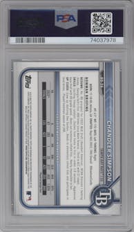 Chandler Simpson from the 2022 Bowman Draft 1st Edition set featuring a Blue Foil parallel graded by PSA and given an overall grade of 10.