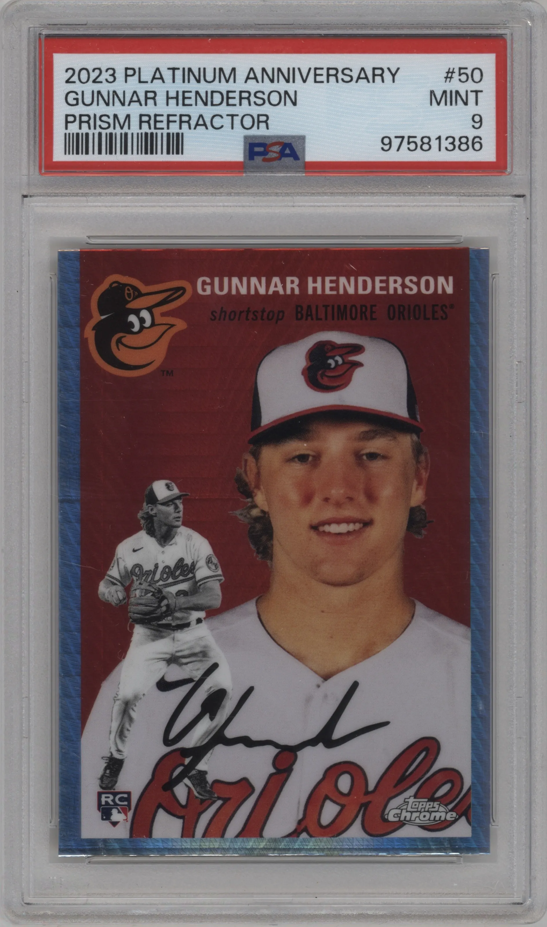 2023 Topps Chrome Platinum Anniversary Gunnar Henderson Prism Refractor PSA 9