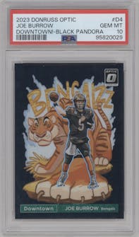 Joe Burrow from the 2023 Donruss Optic set featuring a Black Pandora parallel graded by PSA and given an overall grade of 10.