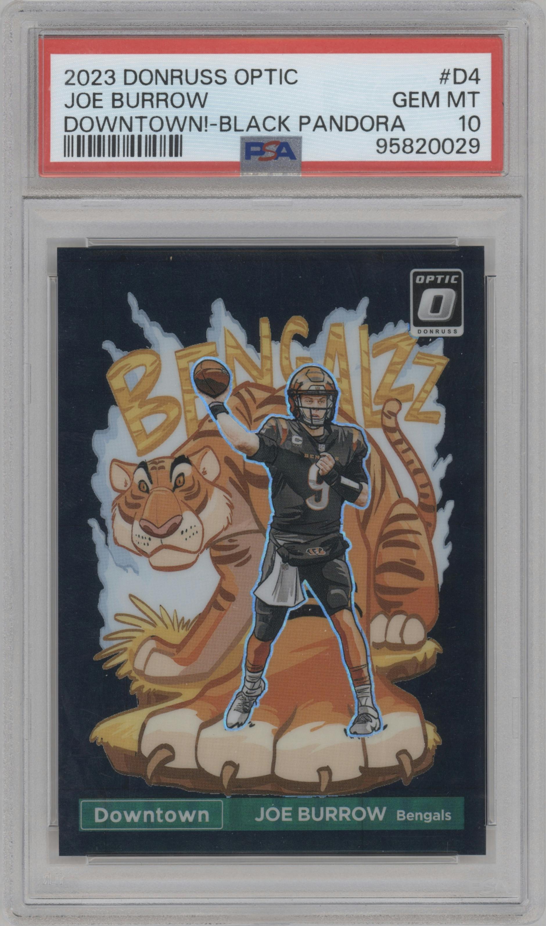 Joe Burrow from the 2023 Donruss Optic set featuring a Black Pandora parallel graded by PSA and given an overall grade of 10.