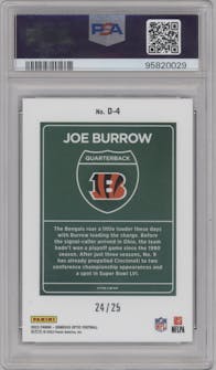 Joe Burrow from the 2023 Donruss Optic set featuring a Black Pandora parallel graded by PSA and given an overall grade of 10.