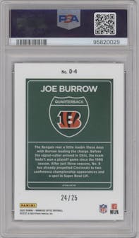 Joe Burrow from the 2023 Donruss Optic set featuring a Black Pandora parallel graded by PSA and given an overall grade of 10.