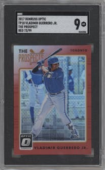 Vladimir Guerrero Jr. from the 2017 Panini Donruss Optic set featuring a Red parallel graded by SGC and given an overall grade of 9.