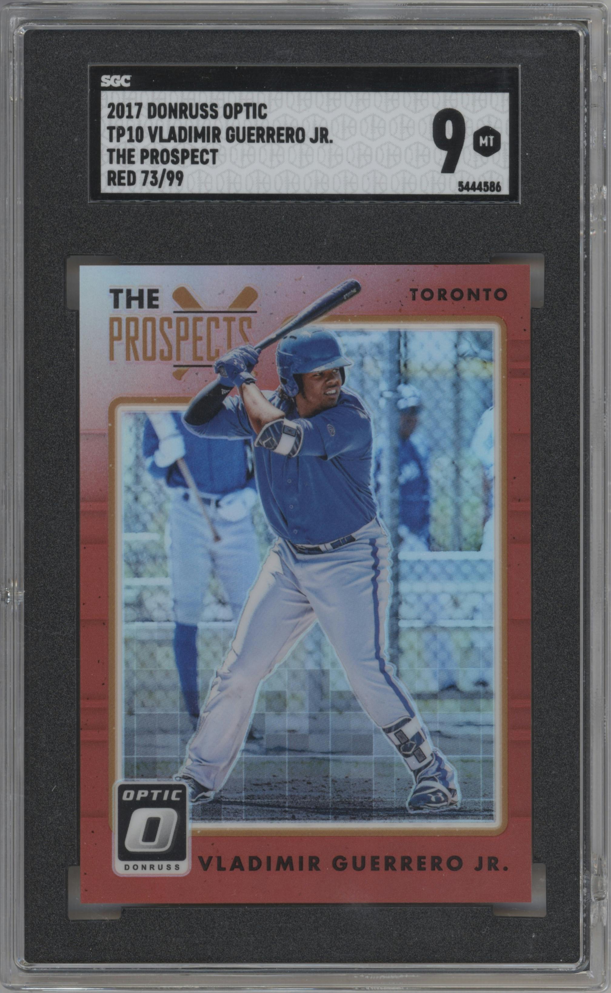 Vladimir Guerrero Jr. from the 2017 Panini Donruss Optic set featuring a Red parallel graded by SGC and given an overall grade of 9.