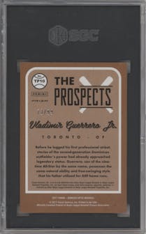 Vladimir Guerrero Jr. from the 2017 Panini Donruss Optic set featuring a Red parallel graded by SGC and given an overall grade of 9.