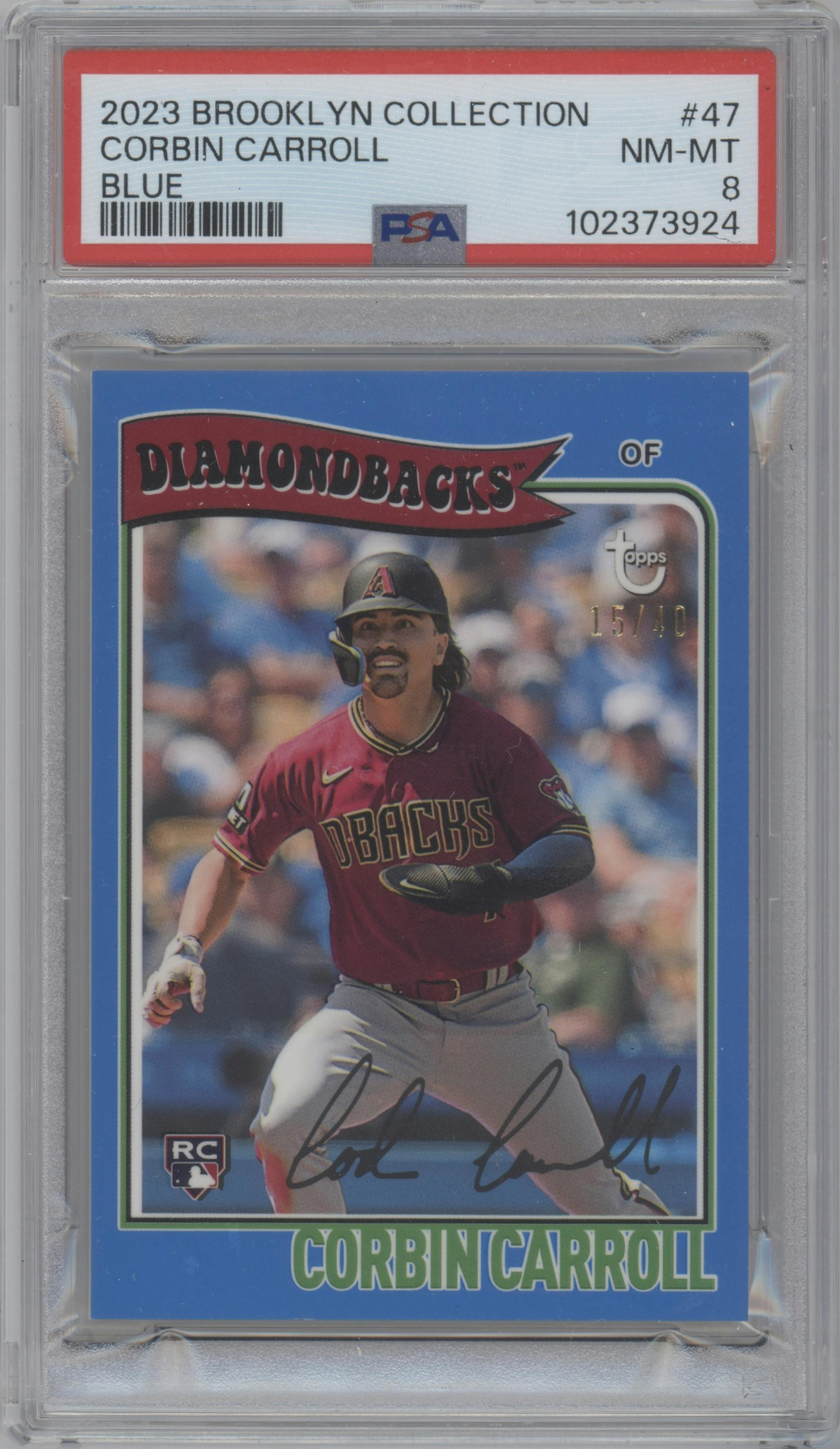 Corbin Carroll from the 2023 Topps Brooklyn Collection set featuring a Blue  parallel graded by PSA and given an overall grade of 8.