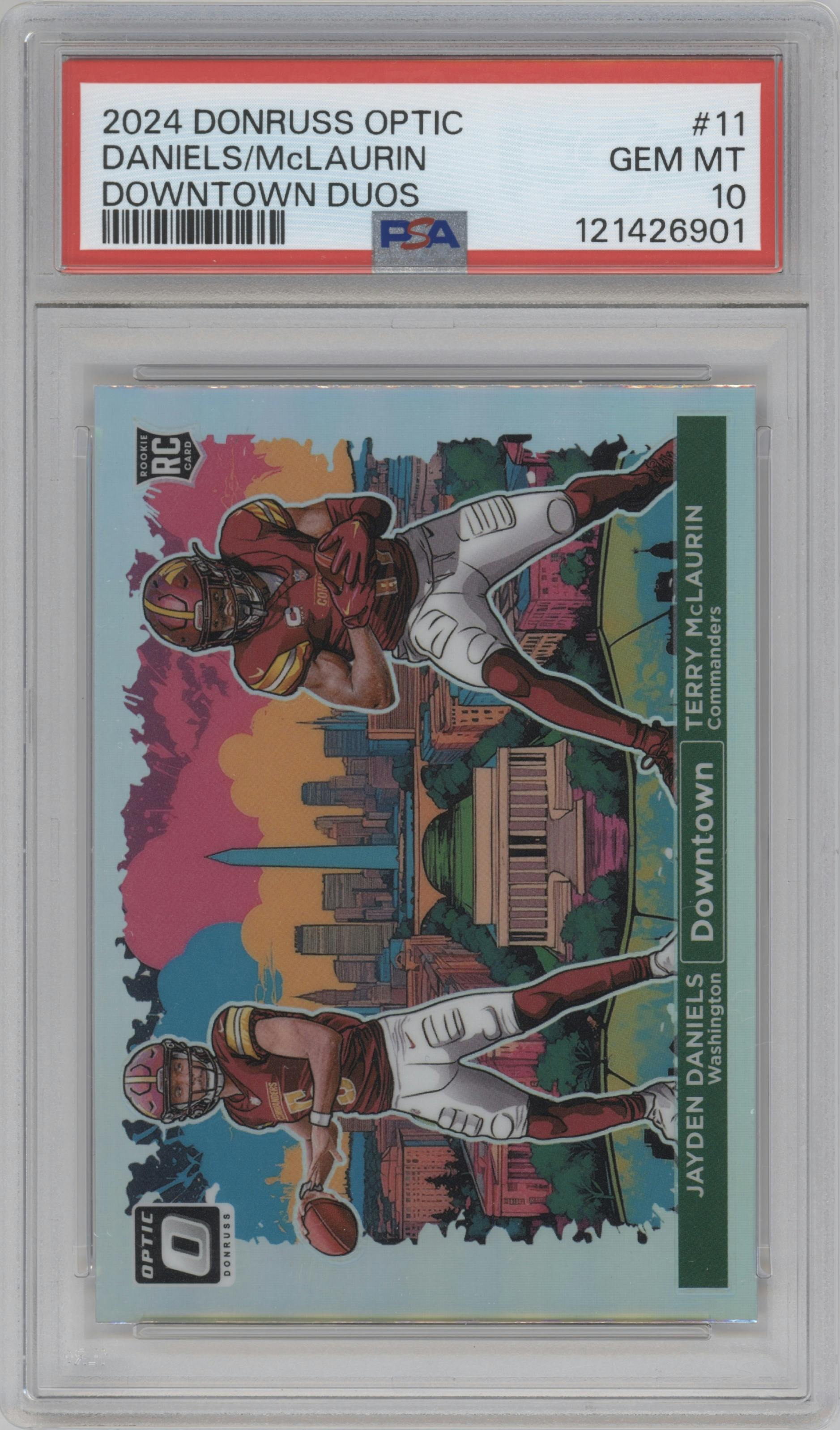 Jayden Daniels/Terry McLaurin from the 2024 Donruss Optic set graded by PSA and given an overall grade of 10.