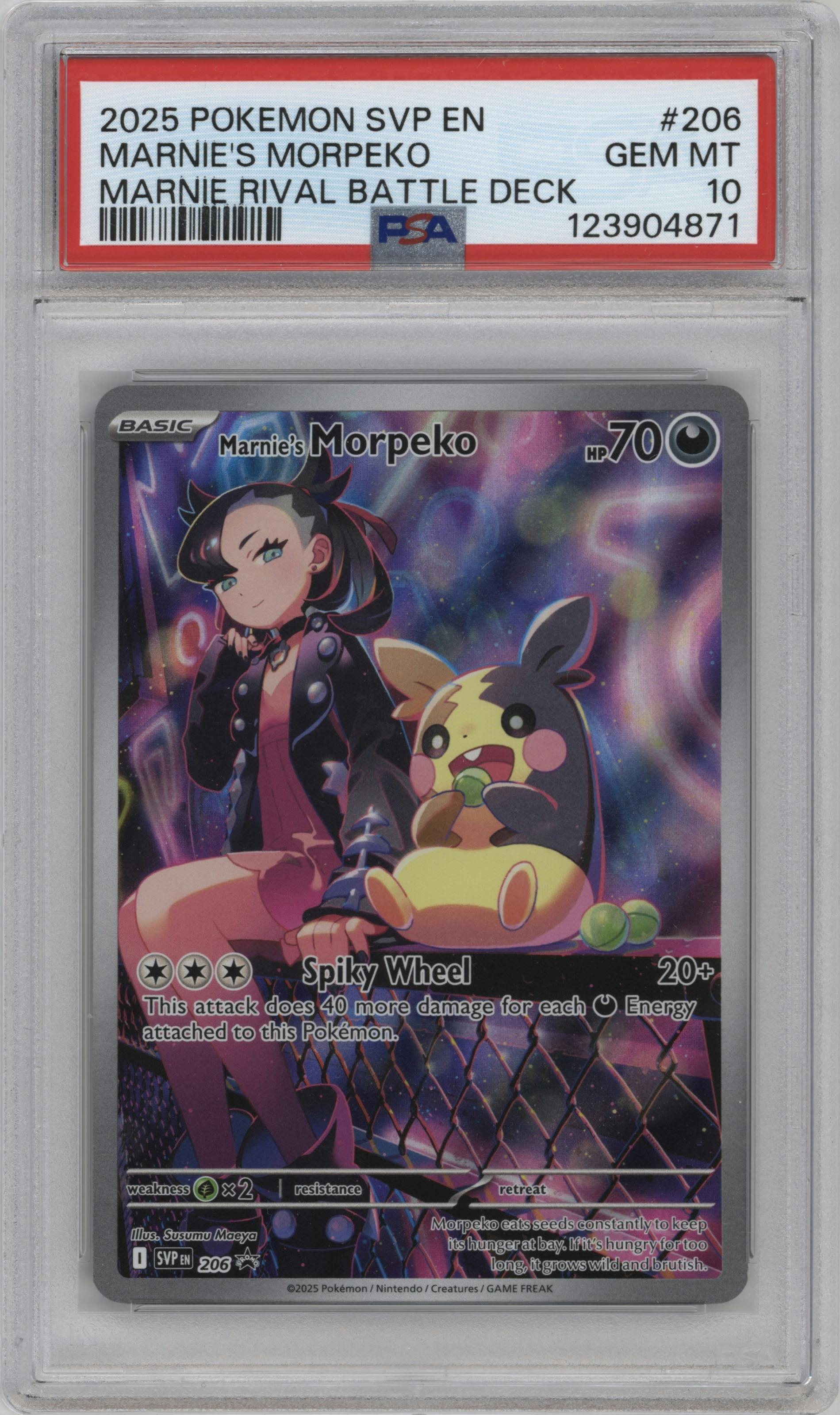 Marnie's Morpeko from the 2025 Pokemon SV set featuring a Marnie Rival Battle Deck parallel graded by PSA and given an overall grade of 10.