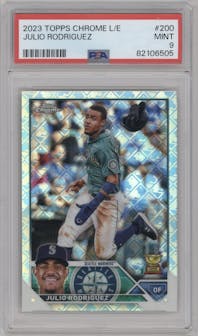 Julio Rodriguez from the 2023 Topps Chrome Logofractor Edition set graded by PSA and given an overall grade of 9.