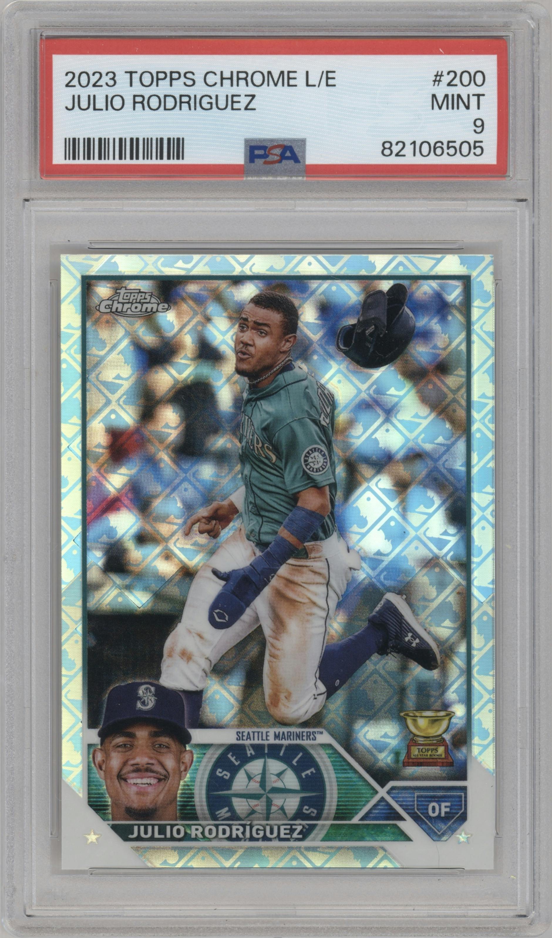 Julio Rodriguez from the 2023 Topps Chrome Logofractor Edition set graded by PSA and given an overall grade of 9.
