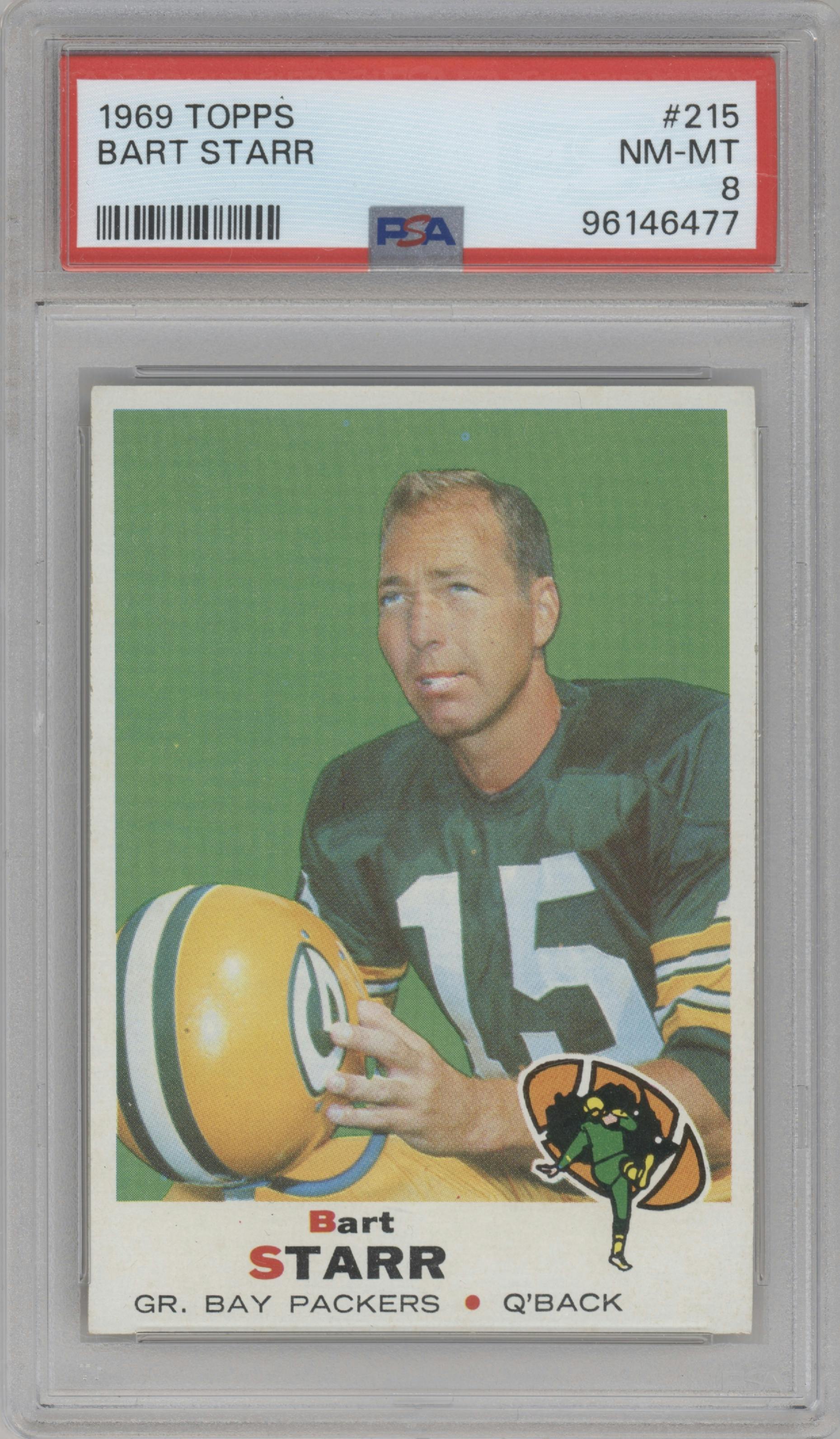 Bart Starr from the 1969 Topps set graded by PSA and given an overall grade of 8.