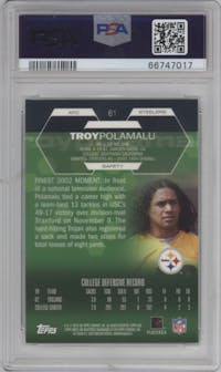 Troy Polamalu from the 2003 Topps Finest set graded by PSA and given an overall grade of 10.