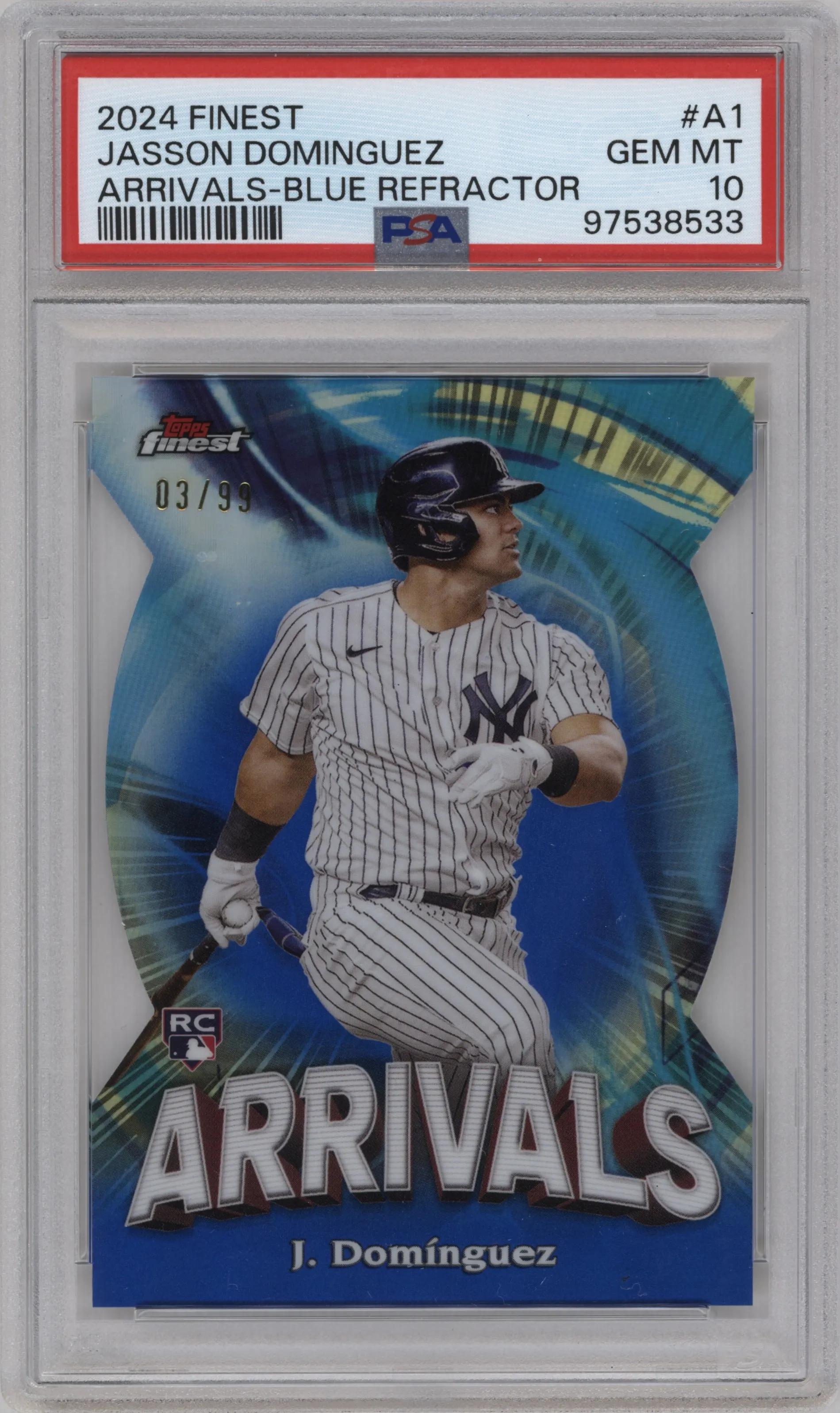 2024 Topps Finest Arrivals Jasson Dominguez Die-Cut Blue Refractor PSA 10
