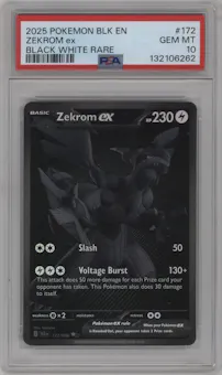 Zekrom ex from the 2025 Pokemon SV set featuring a Black White Rare parallel graded by PSA and given an overall grade of 10.