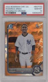 Roderick Arias from the 2022 Bowman Chrome Sapphire Edition set featuring a Orange parallel graded by PSA and given an overall grade of 10.