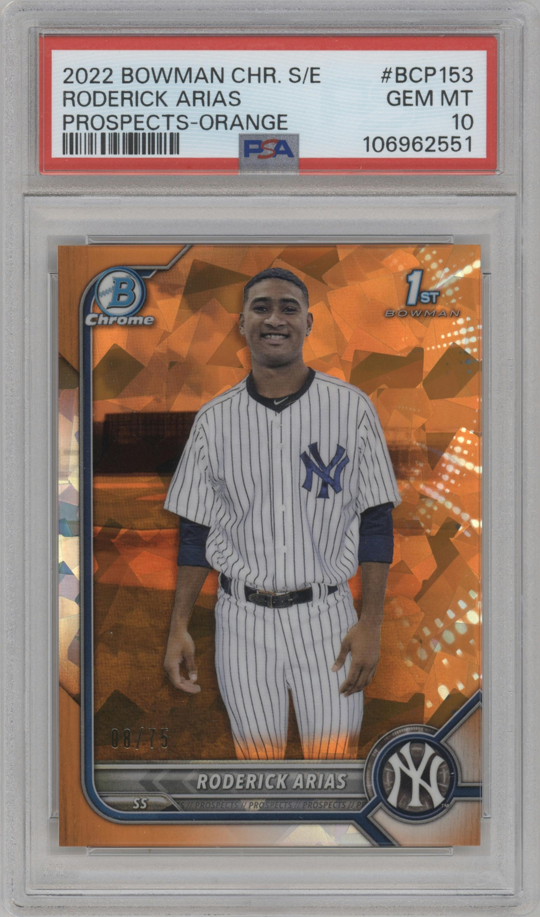 Roderick Arias from the 2022 Bowman Chrome Sapphire Edition set featuring a Orange parallel graded by PSA and given an overall grade of 10.