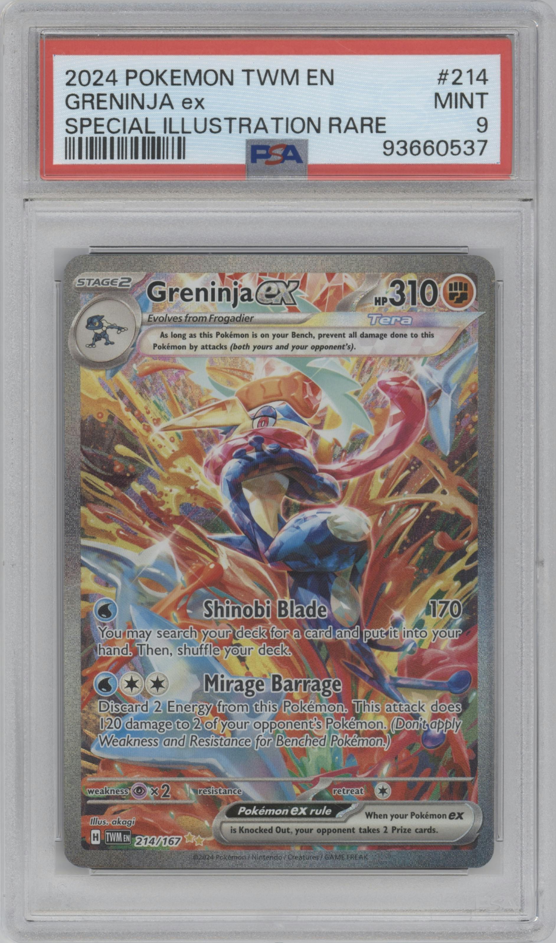 Greninja ex from the 2024 Pokemon SV set graded by PSA and given an overall grade of 9.