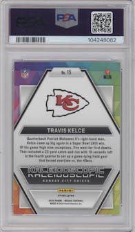 Travis Kelce from the 2024 Panini Mosaic set graded by PSA and given an overall grade of 10.