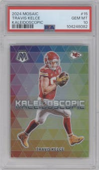 Travis Kelce from the 2024 Panini Mosaic set graded by PSA and given an overall grade of 10.