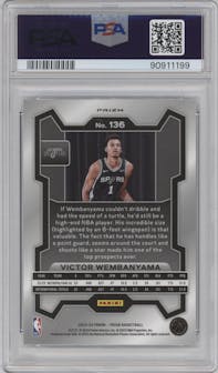 Victor Wembanyama from the 2023-24 Panini Prizm set featuring a Silver Prizm  parallel graded by PSA and given an overall grade of 9.