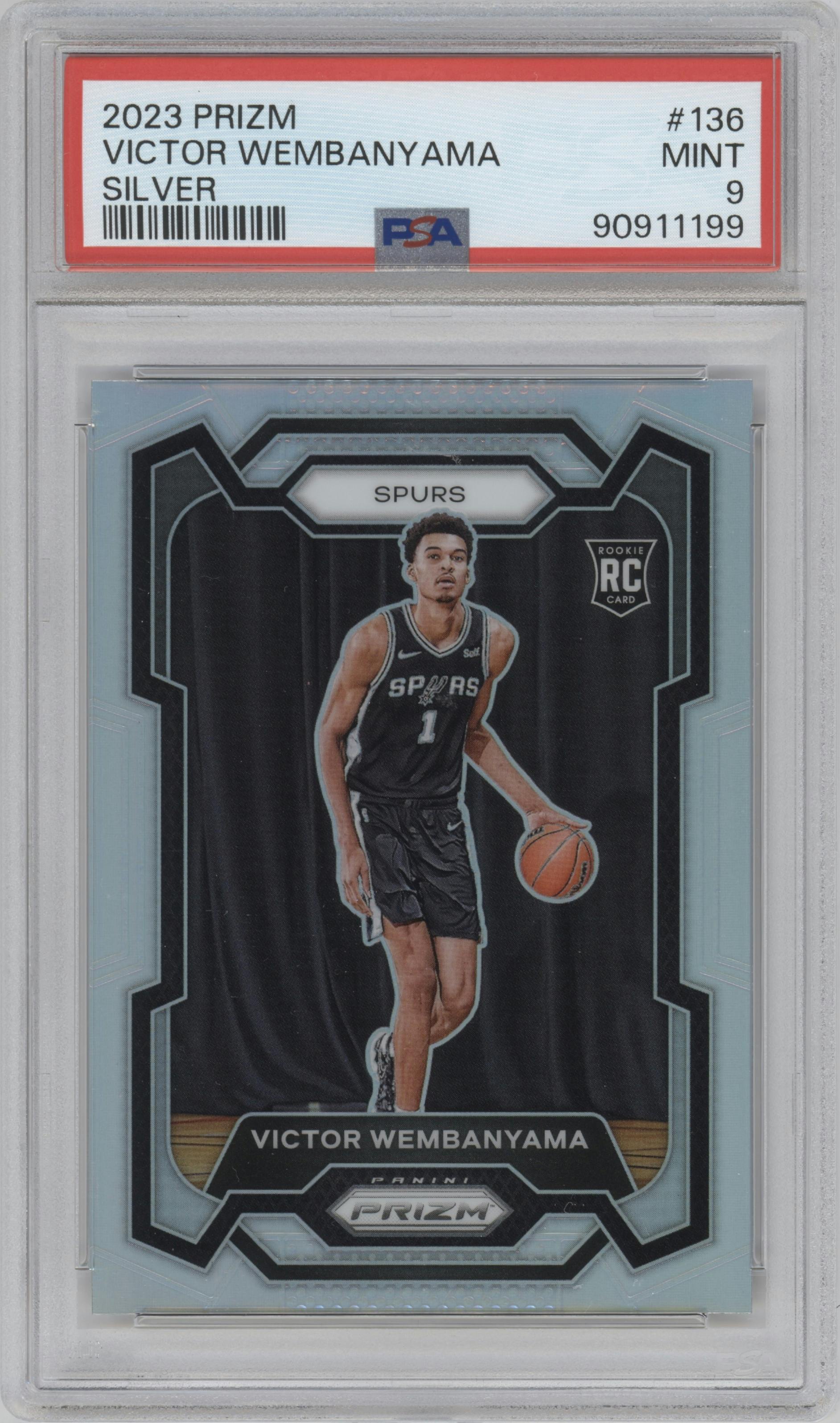 Victor Wembanyama from the 2023-24 Panini Prizm set featuring a Silver Prizm  parallel graded by PSA and given an overall grade of 9.
