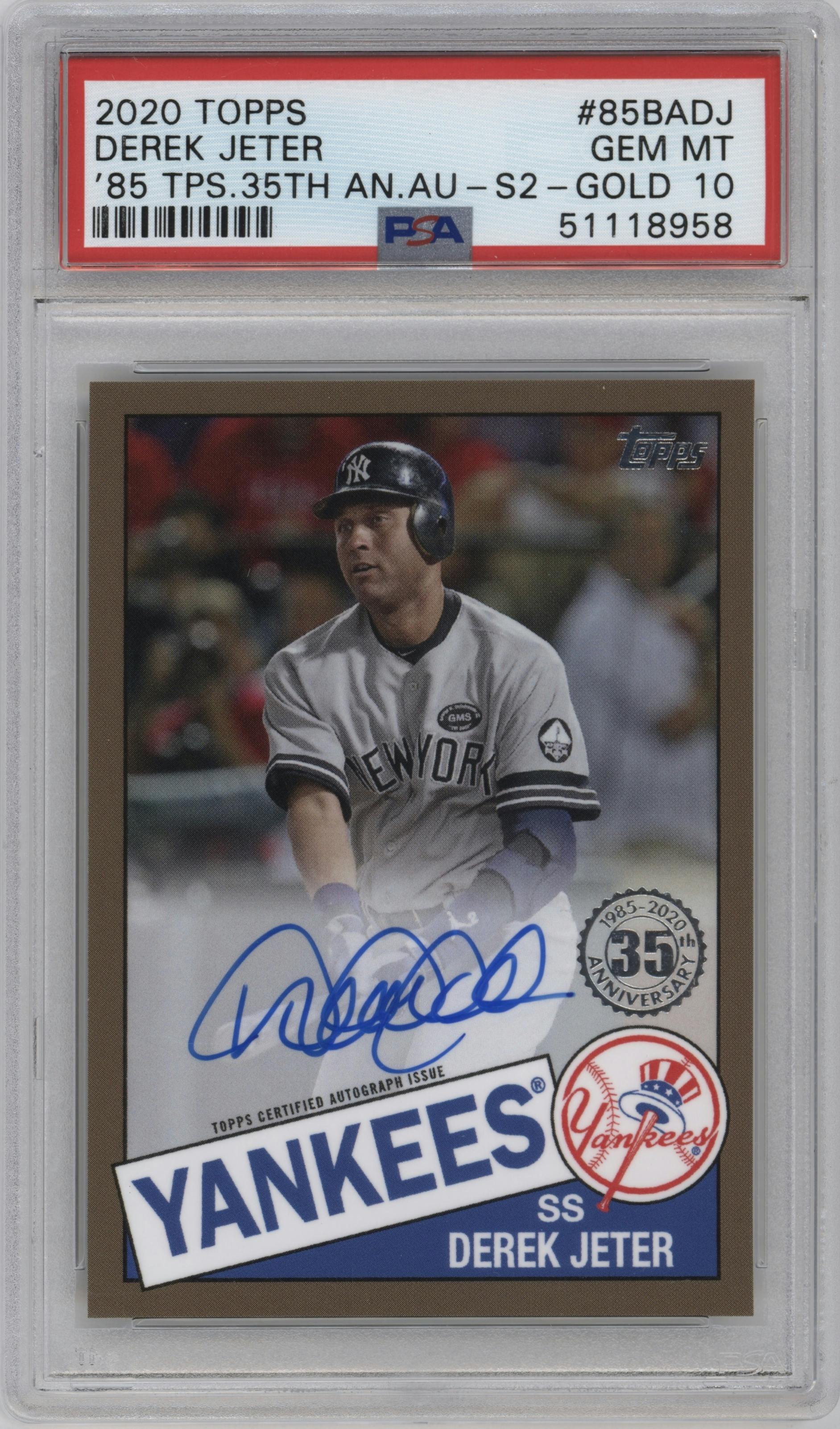 Derek Jeter from the 2020 Topps Series 2 set featuring a Gold parallel graded by PSA and given an overall grade of 10.