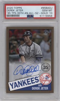 Derek Jeter from the 2020 Topps Series 2 set featuring a Gold parallel graded by PSA and given an overall grade of 10.