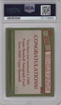 Derek Jeter from the 2020 Topps Series 2 set featuring a Gold parallel graded by PSA and given an overall grade of 10.