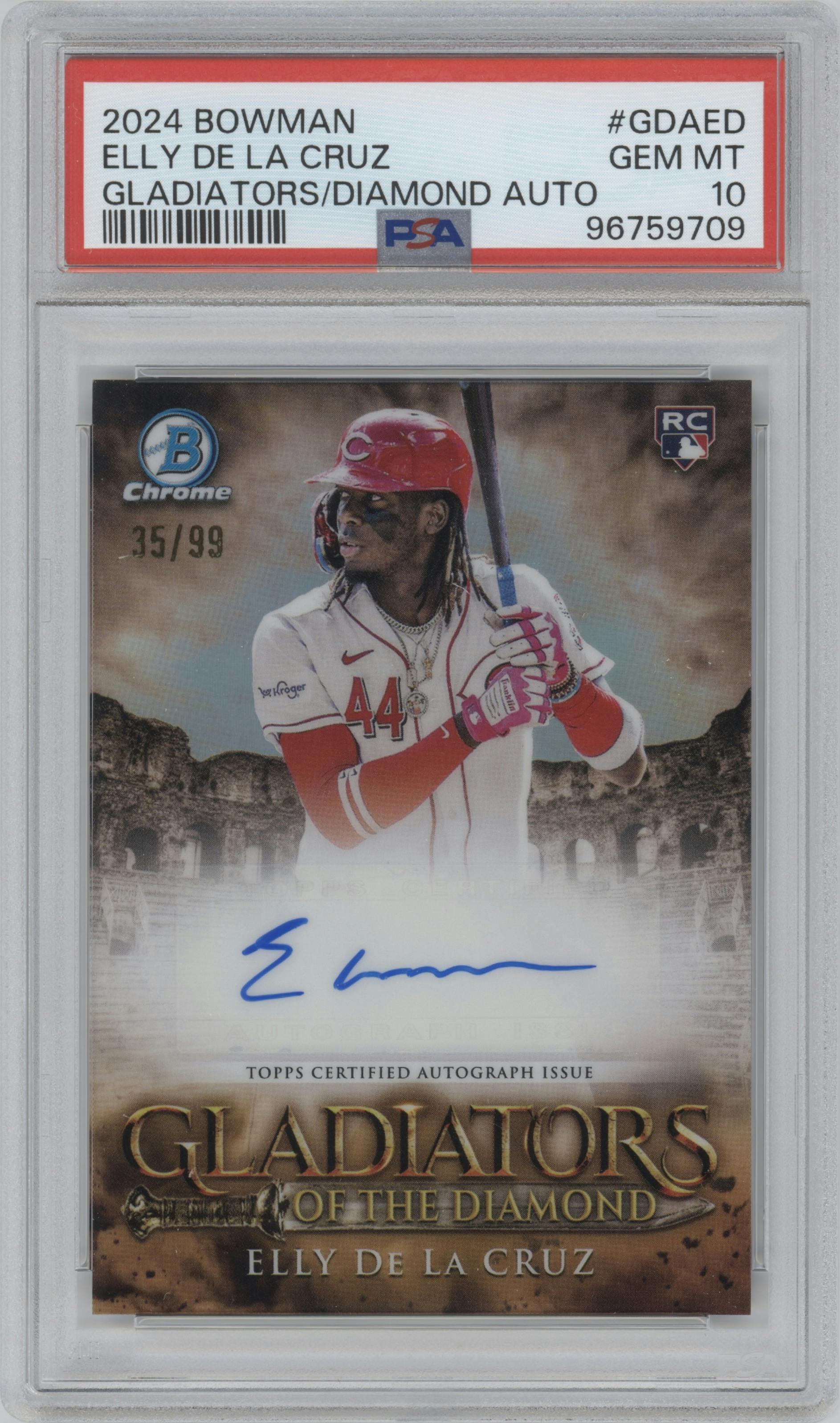 Elly De La Cruz from the 2024 Bowman set graded by PSA and given an overall grade of 10.
