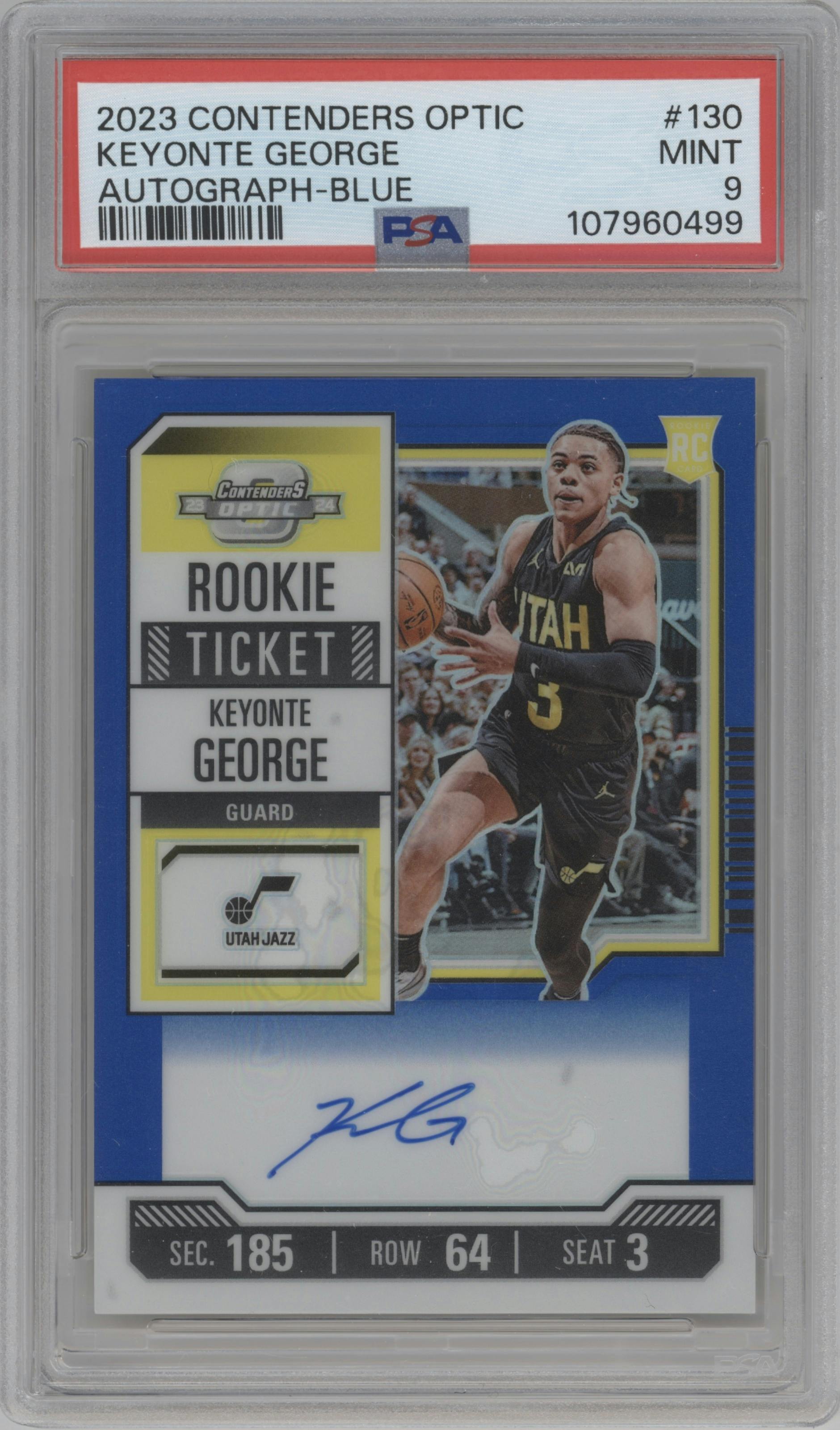 Keyonte George from the 2023-24 Panini Contenders Optic set featuring a Blue parallel graded by PSA and given an overall grade of 9.