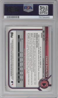 Chase DeLauter from the 2022 Bowman Draft set featuring a Refractor parallel graded by PSA and given an overall grade of 10.