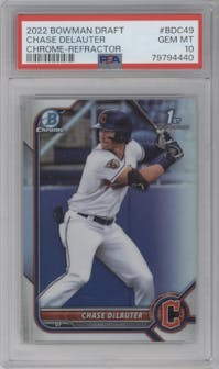 Chase DeLauter from the 2022 Bowman Draft set featuring a Refractor parallel graded by PSA and given an overall grade of 10.
