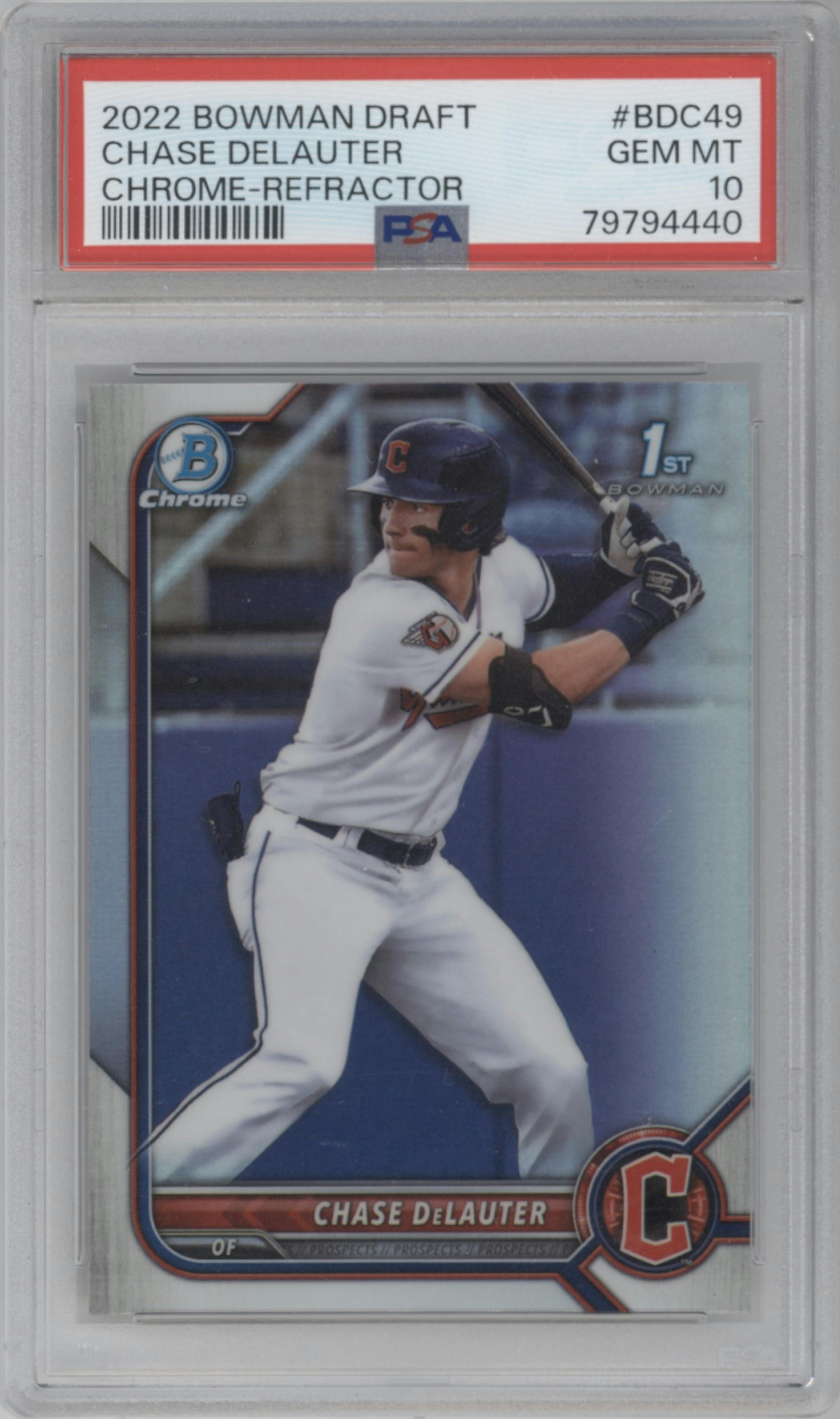 Chase DeLauter from the 2022 Bowman Draft set featuring a Refractor parallel graded by PSA and given an overall grade of 10.