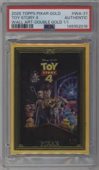 Toy Story 4 from the 2025 Topps Pixar Gold set featuring a Double Gold parallel graded by PSA and given an overall grade of 0.