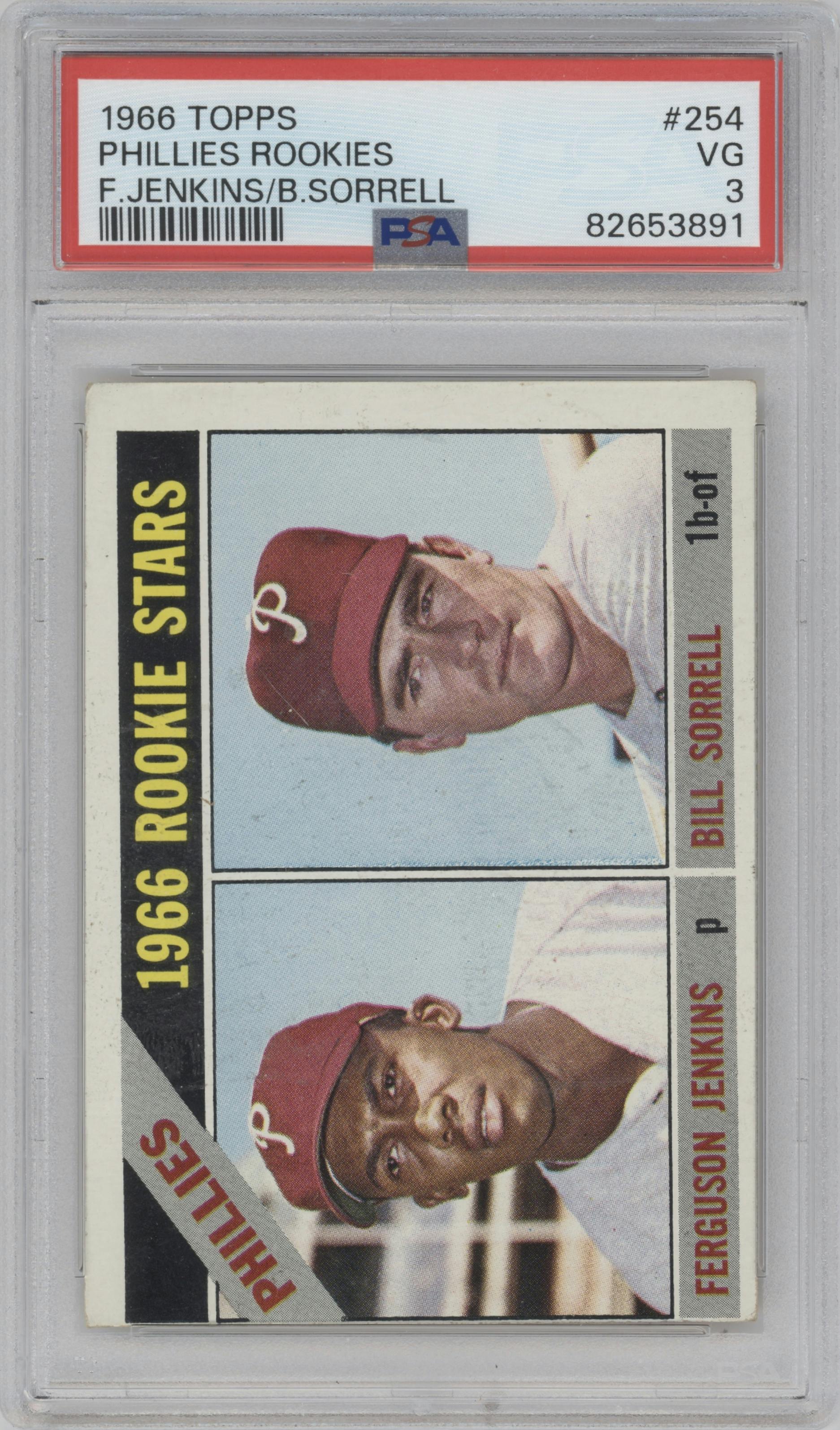 Ferguson Jenkins/Bill Sorrell from the 1966 Topps set graded by PSA and given an overall grade of 3.