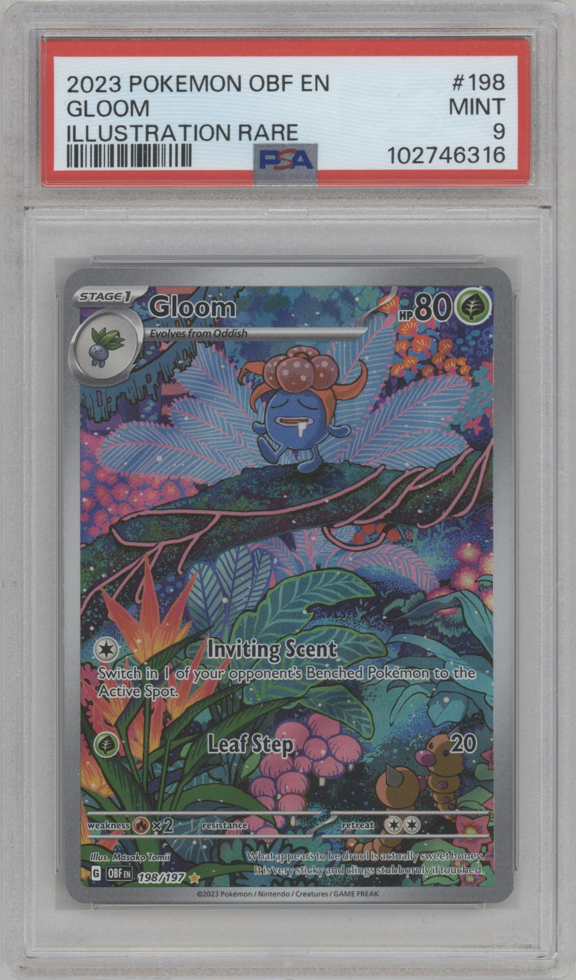 Gloom from the 2023 Pokemon SV set graded by PSA and given an overall grade of 9.