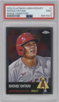 Shohei Ohtani from the 2022 Topps Chrome Platinum Anniversary set graded by PSA and given an overall grade of 9.