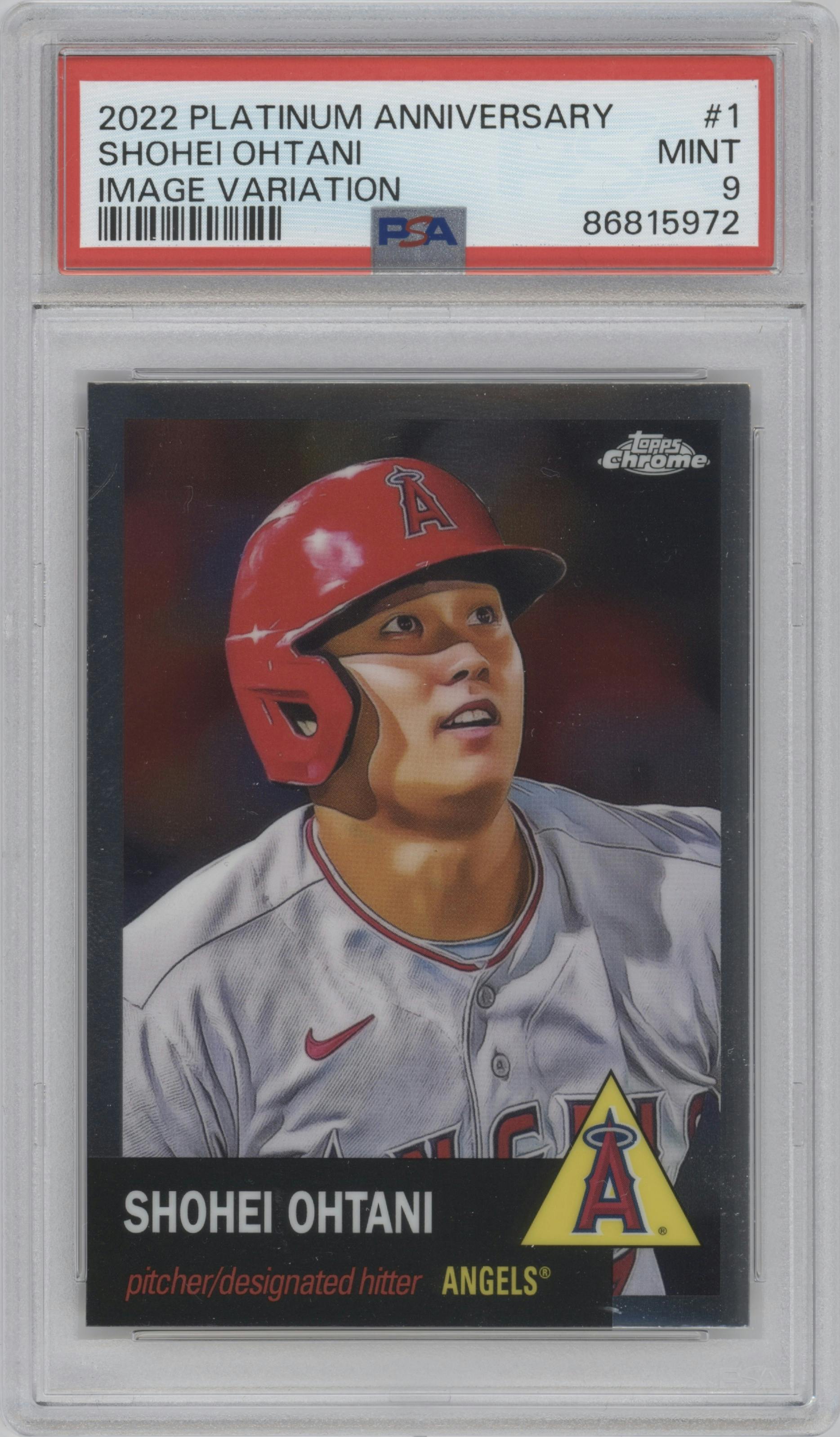 Shohei Ohtani from the 2022 Topps Chrome Platinum Anniversary set graded by PSA and given an overall grade of 9.