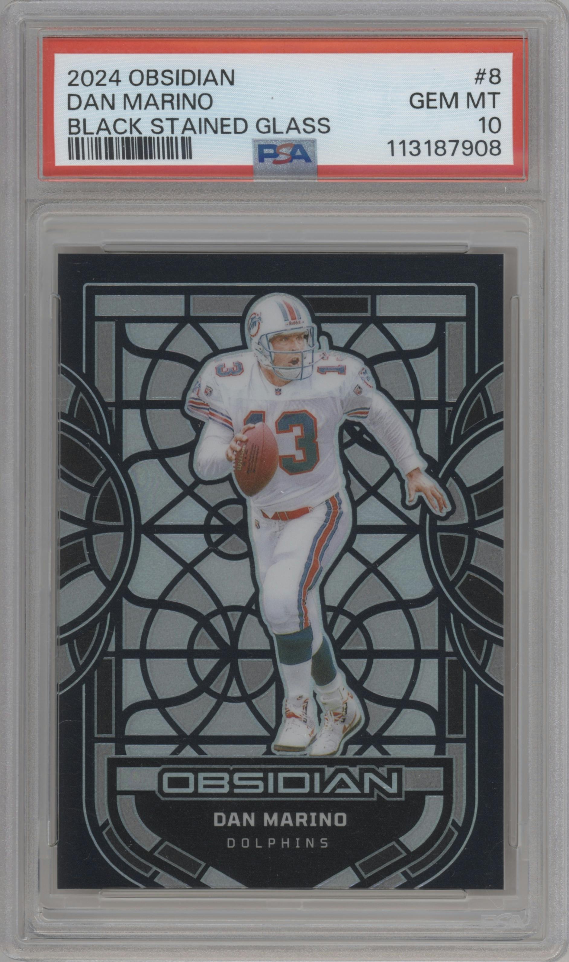 Dan Marino from the 2024 Panini Obsidian set graded by PSA and given an overall grade of 10.