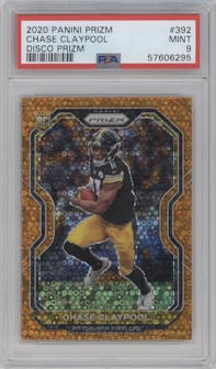 Chase Claypool from the 2020 Panini Prizm set featuring a Disco parallel graded by PSA and given an overall grade of 9.