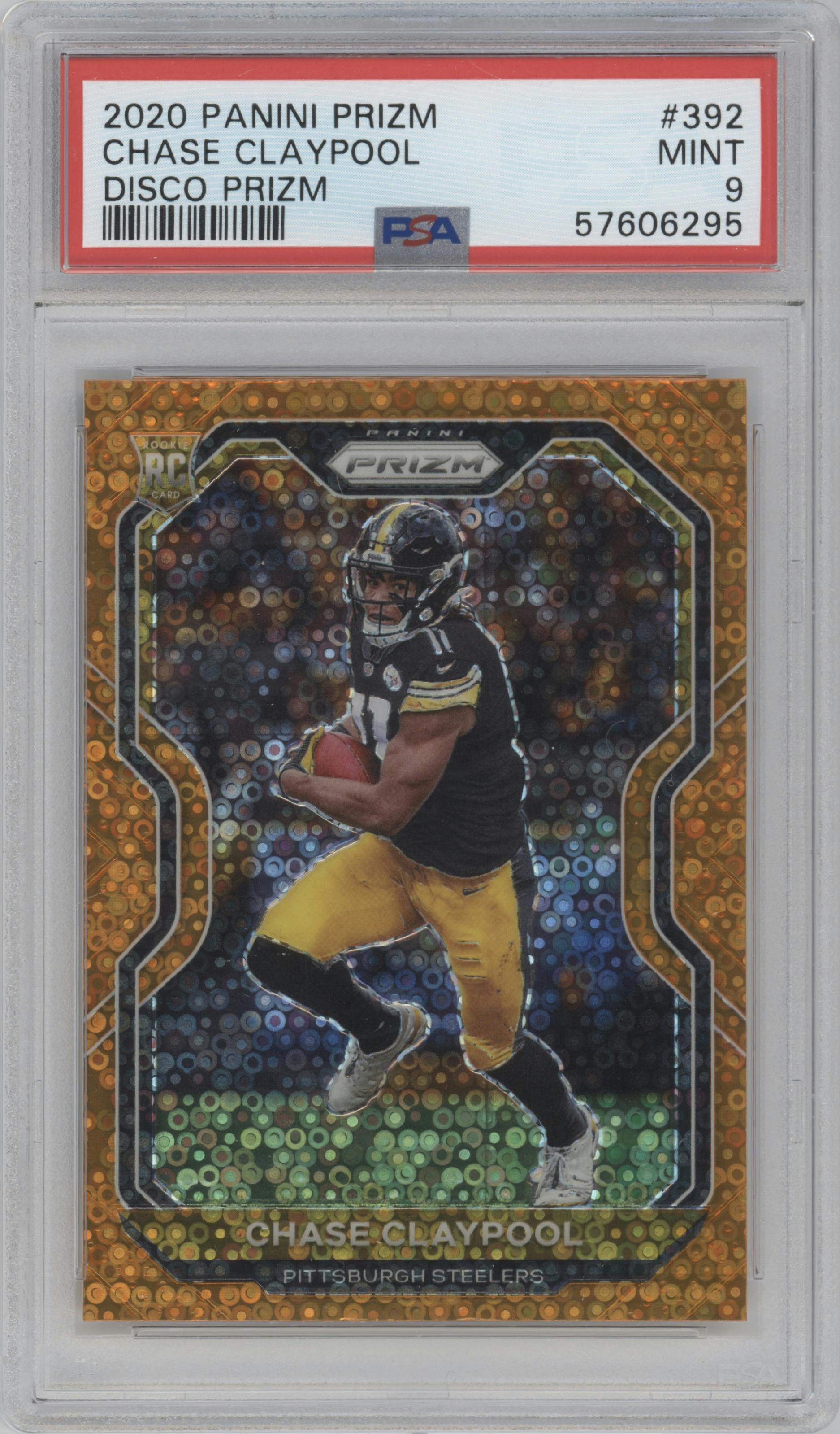 Chase Claypool from the 2020 Panini Prizm set featuring a Disco parallel graded by PSA and given an overall grade of 9.