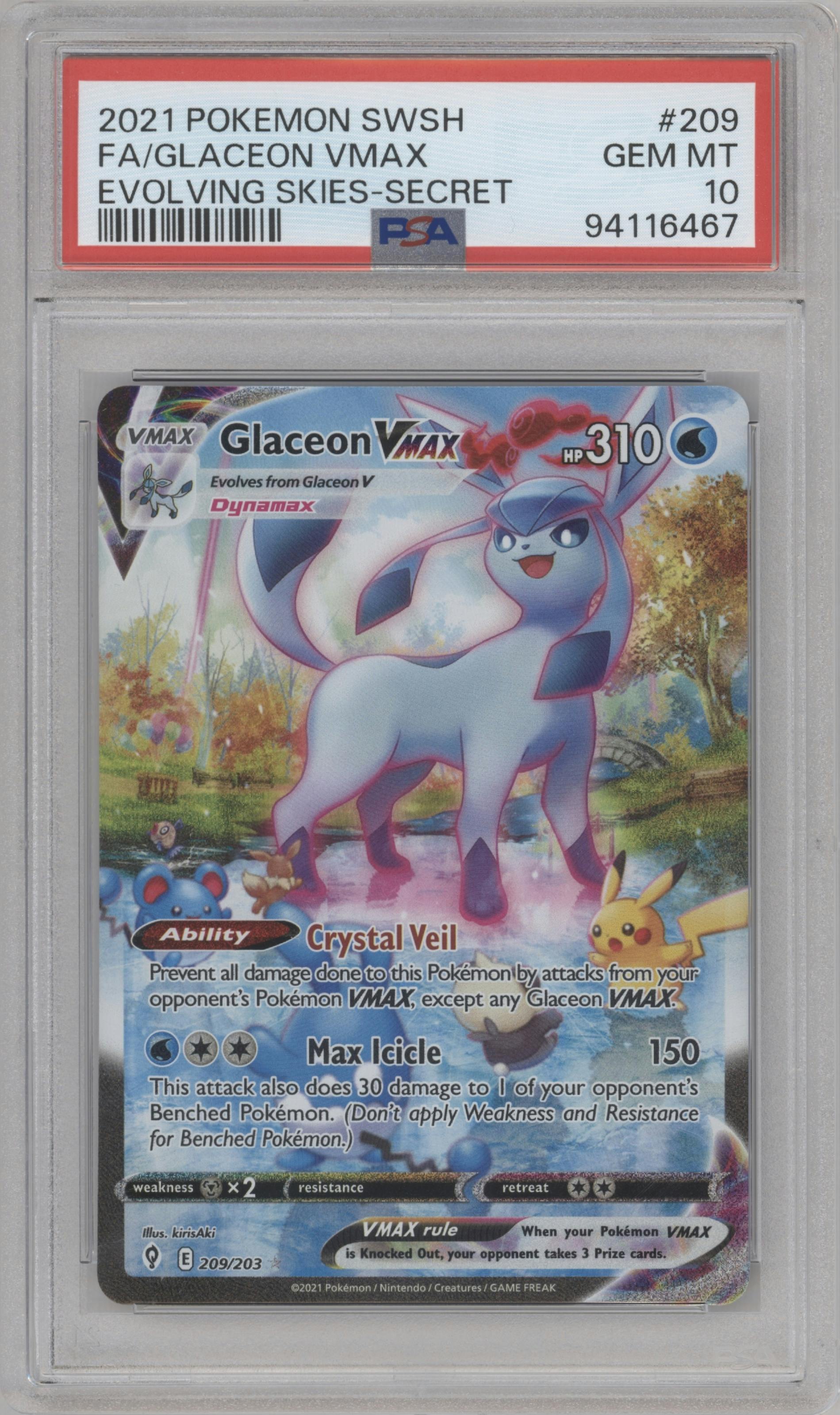 Glaceon VMAX from the 2021 Pokemon SWSH set graded by PSA and given an overall grade of 10.