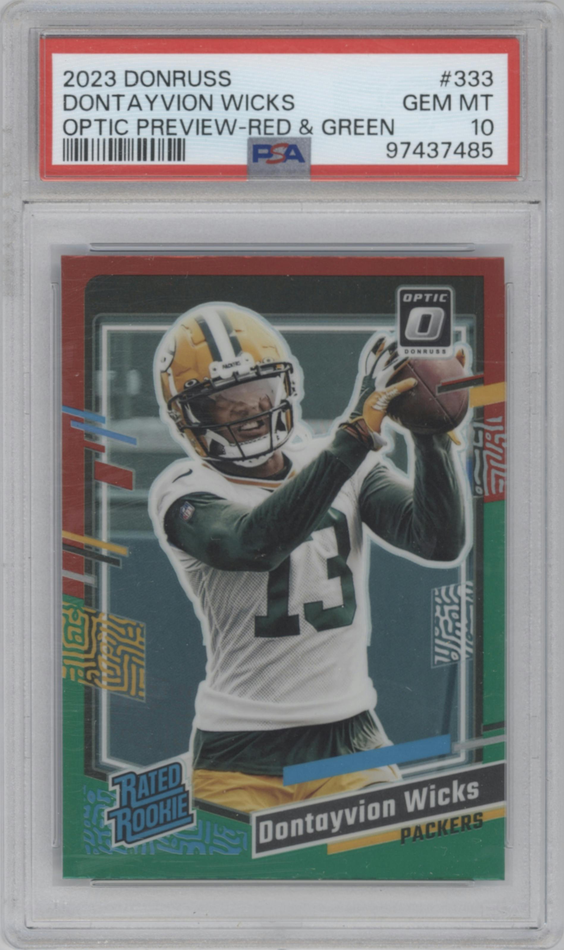 Dontayvion Wicks from the 2023 Panini Donruss set featuring a Red & Green parallel graded by PSA and given an overall grade of 10.
