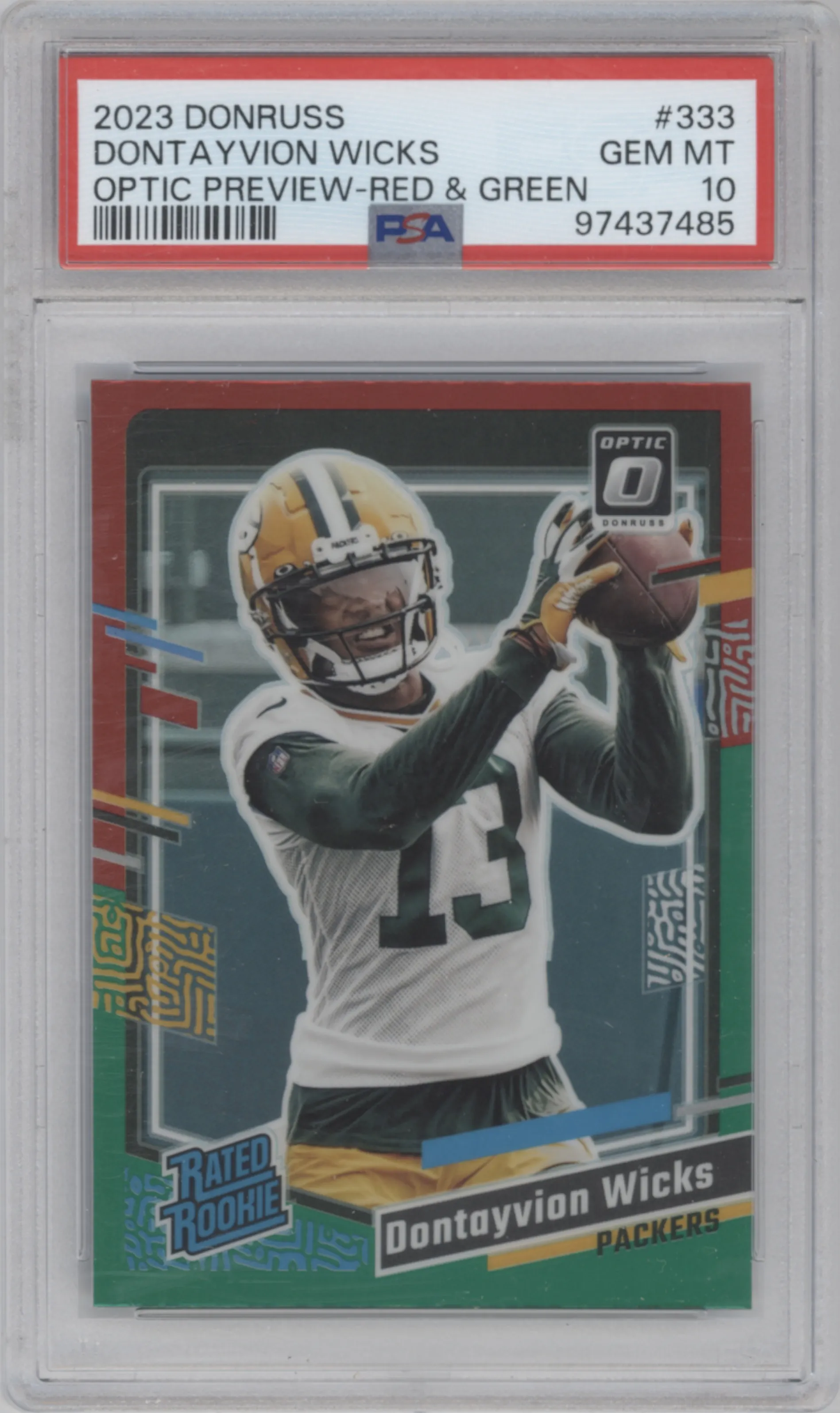 2023 Panini Donruss Opt.Rtd.Rke.Prev. Dontayvion Wicks Red & Green PSA 10