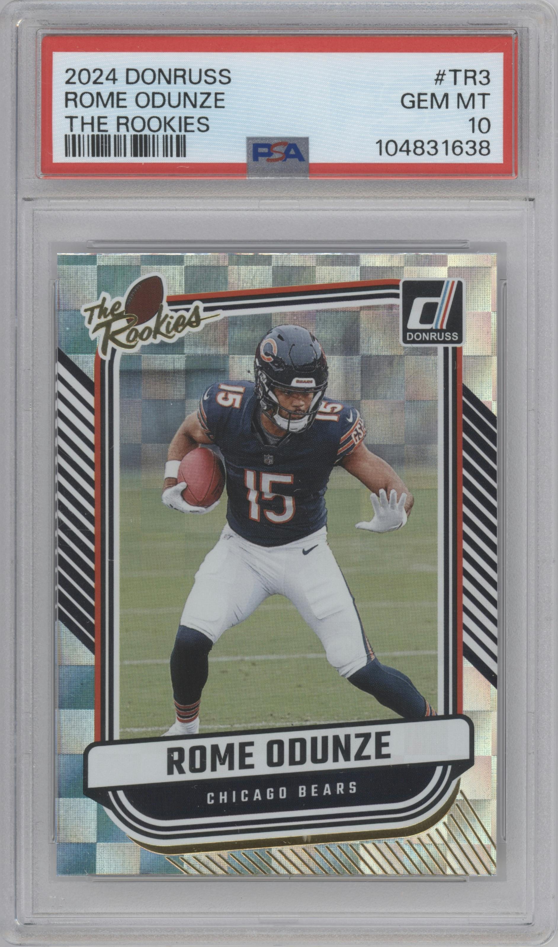 Rome Odunze  from the 2024 Donruss set graded by PSA and given an overall grade of 10.