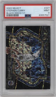 Stephen Curry  from the 2022-23 Panini Select set featuring a Disco Black parallel graded by PSA and given an overall grade of 9.