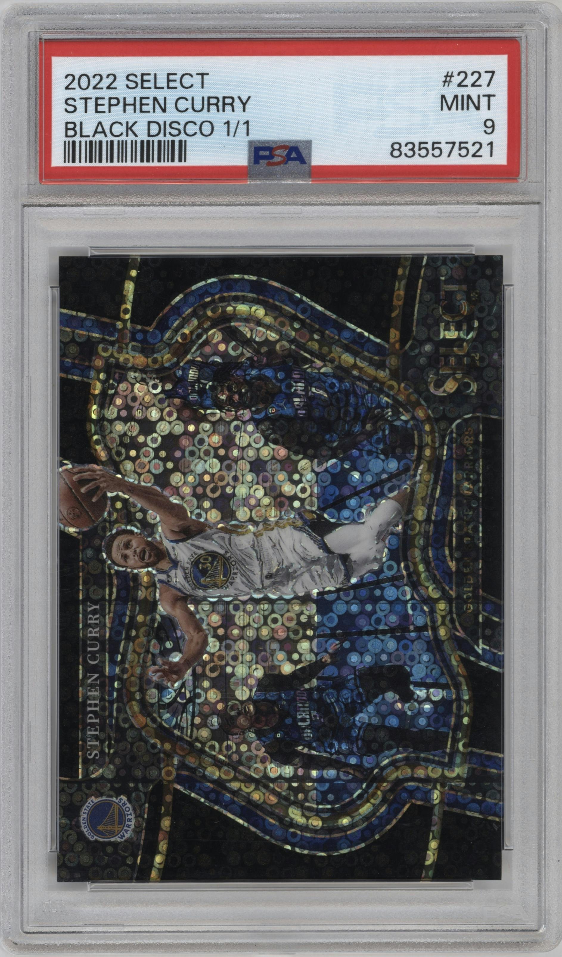 Stephen Curry  from the 2022-23 Panini Select set featuring a Disco Black parallel graded by PSA and given an overall grade of 9.