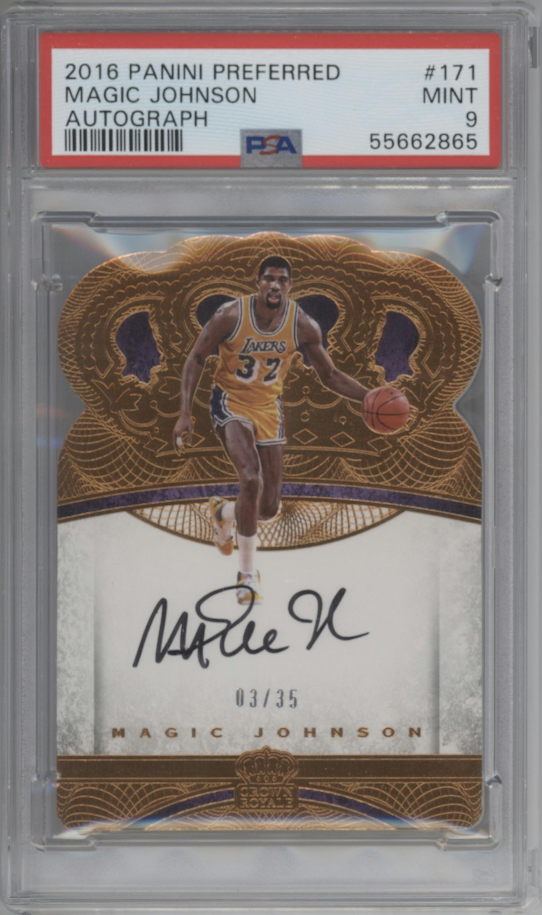 Magic Johnson from the 2016-17 Panini Preferred set graded by PSA and given an overall grade of 9.